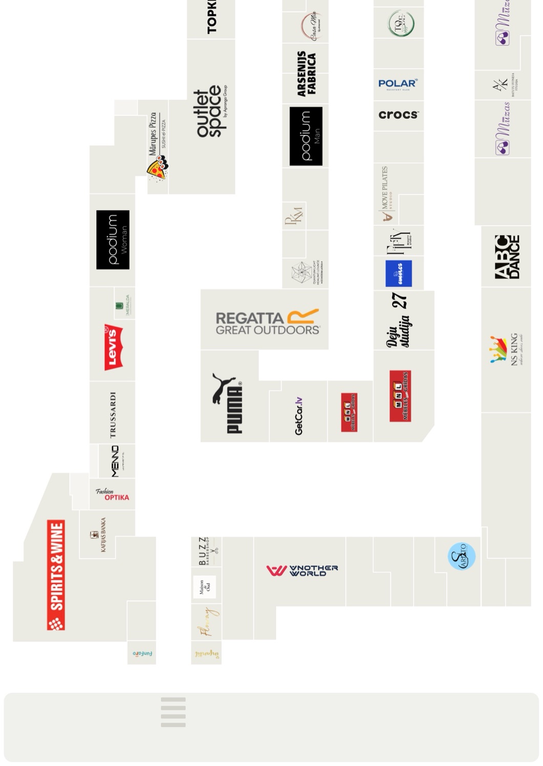 Map of Via Jurmala Outlet Village. From the free car park, walk in through the main entrance, turn right, then left. The Face Place is on the left, just after Polar, next to STUDIO ToBe.